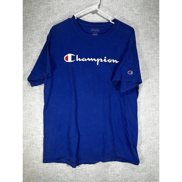 Champion Shirt L Blue Mens Authentic Athleticwear Spellout Logo Tee Short Sleeve - Picture 1 of 7